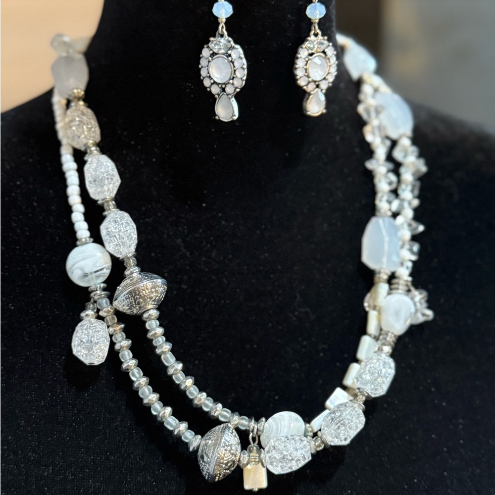 Chico's Silver and White Necklace with Crystal and Pearl Accents and Earings - Picture 3 of 8